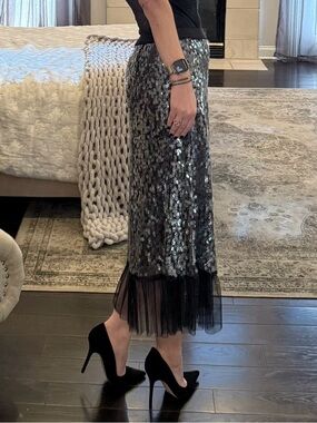 Sequin Midi Skirt with Tulle Hem - Black/Silver